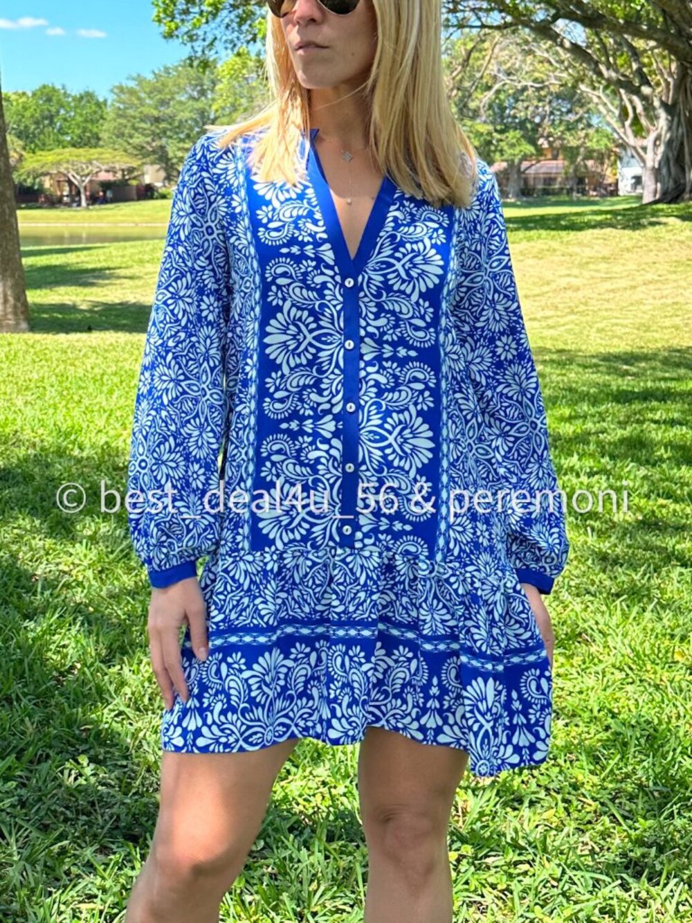 ZARA WOMENS PRINTED LONG SLEEVES MINI DRESS BLU/WHITE 9878/957 Size S/M